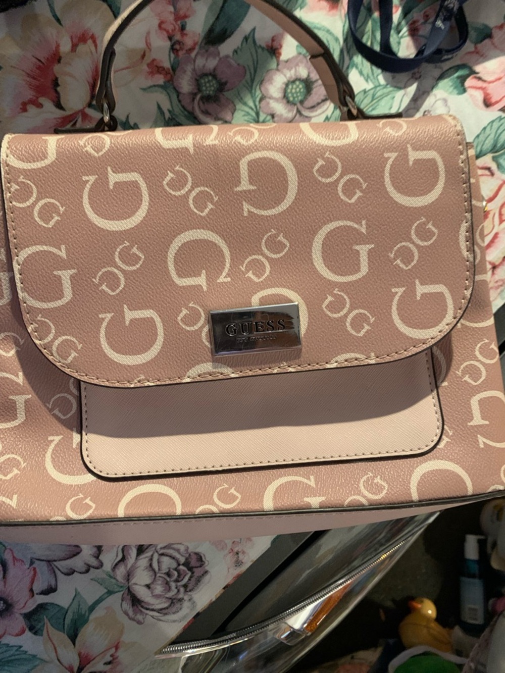 GUESS Blush Pink Monogram Top-Handle Satchel